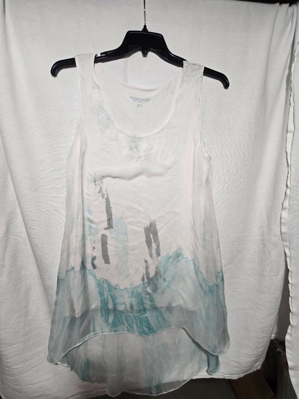 Soft Surroundings Silk Tank Top Women's Size M Watercolor Blue White Tiered Hem